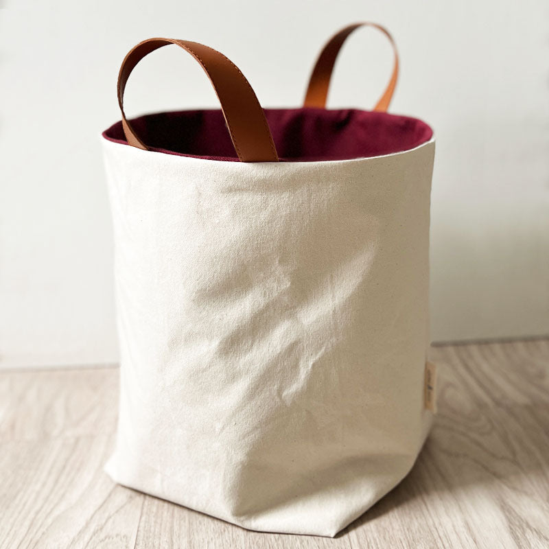 Grand panier de rangement en tissu Bordeaux et beige, réversible, fait main, en France - Azure et Gaia