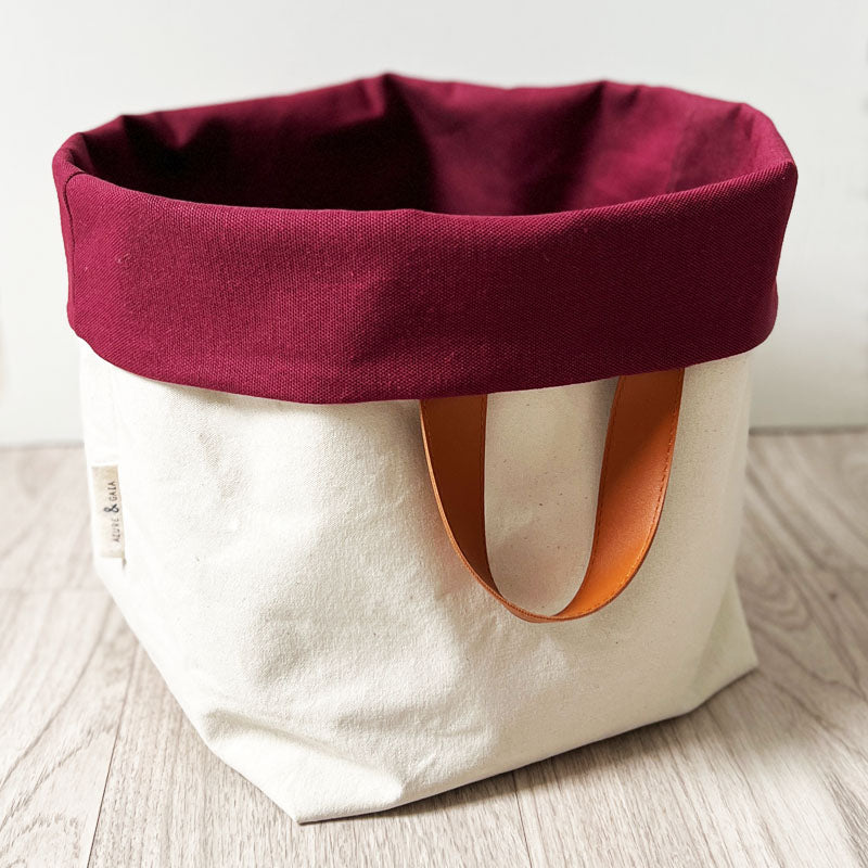 Grand panier de rangement en tissu Bordeaux et beige, réversible, fait main, en France - Azure et Gaia