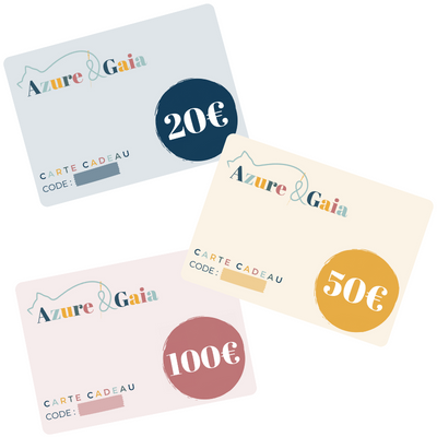 Cartes cadeaux, e-cartes cadeaux de 20€, 50€ et 100€ azure et gaia