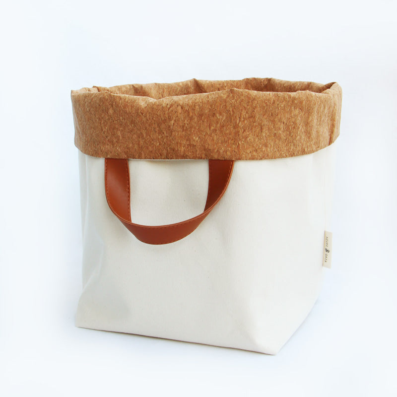panier de rangement en tissu liège et crème, fait-main, en France - Azure et Gaia