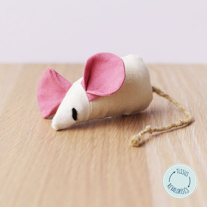 Jouet souris pour chat en tissu revalorisé rose - Garnie d'herbe à chat ou de valériane - Fait-main - Made in France - Azure et Gaia