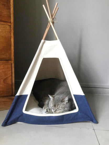 tipi pour chat bleu et beige avec coussin Made in France