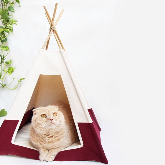 tipi pour chat bordeaux et crème avec coussin Made in France