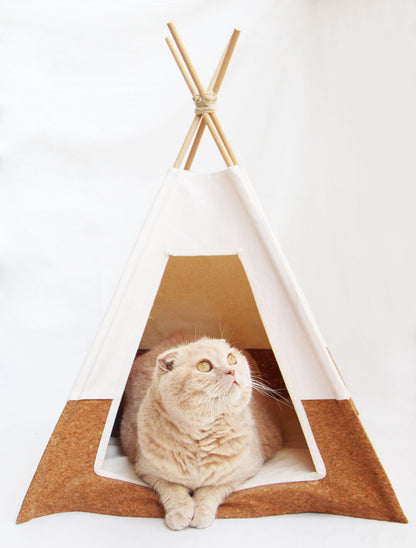 tipi pour chat en liège et crème avec coussin Made in France