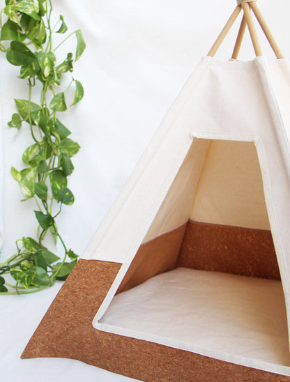 tipi pour chat en liège et écru avec coussin Made in France