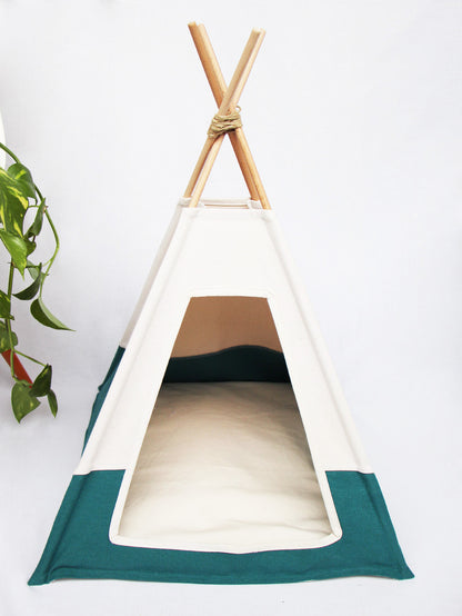 tipi pour chat turquoise et crème avec coussin Made in France