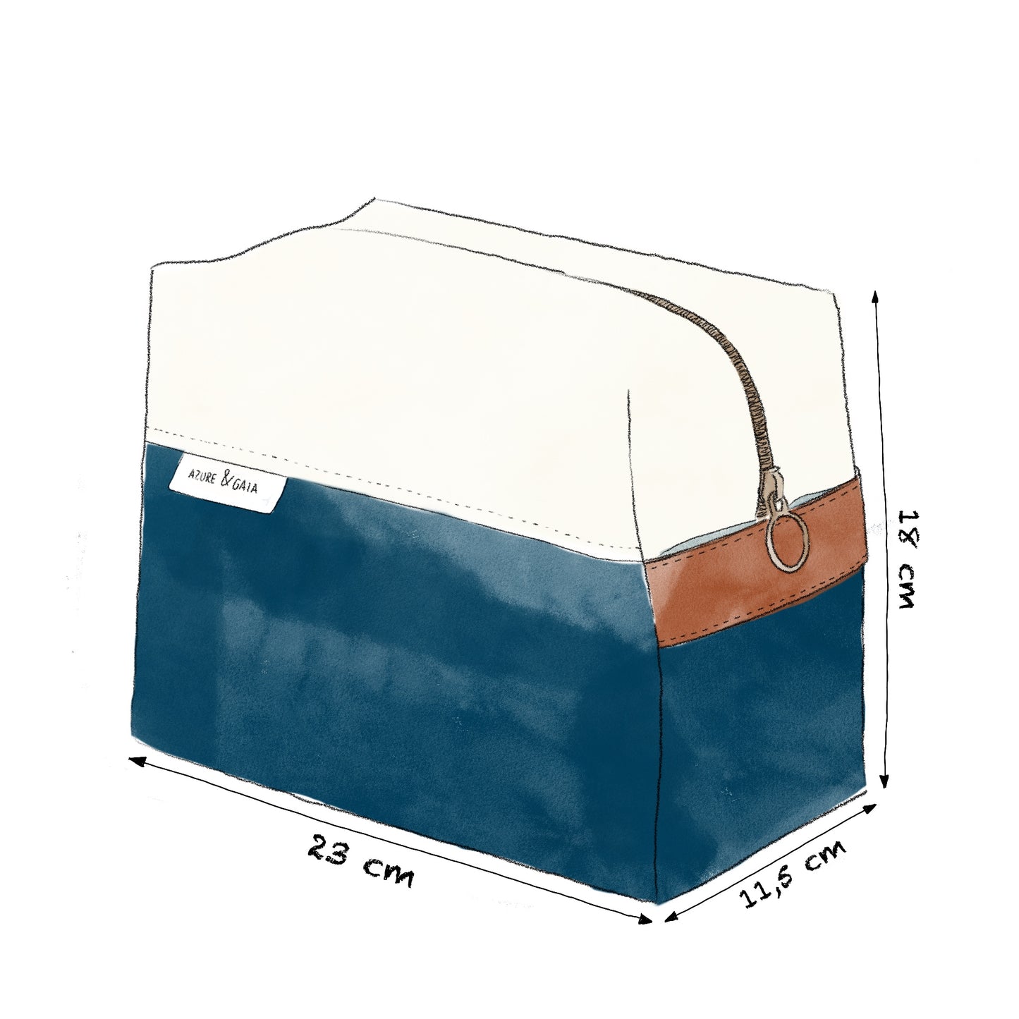 dimensions trousse de toilette bleue en tissu avec une fermeture éclair et une poignée en similicuir (h=18cm, l=11.5cm, L=23cm)