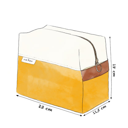 dimensions trousse de toilette jaune en tissu avec une fermeture éclair et une poignée en similicuir (h=18cm, l=11.5cm, L=23cm)